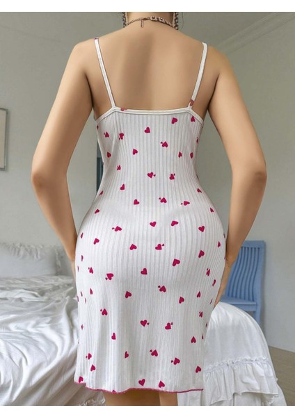 Kadın Beyaz Kırmızı Kalp Desenli Yandan Dantel Detaylı Askılı Elbise 5070 fiyatları