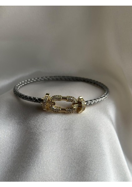 Gri Halat Ipli Zirkon Taşlı Bileklik
