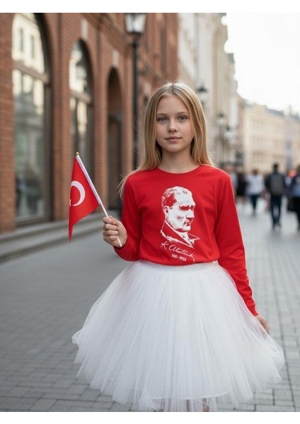 Çocuk Pamuklu Atatürk ve Imza Baskılı Uzun Kollu T-Shirt