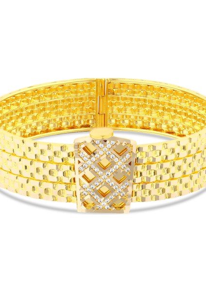 Taşlı Tasarım Altın Kelepçe Bilezik - 14K