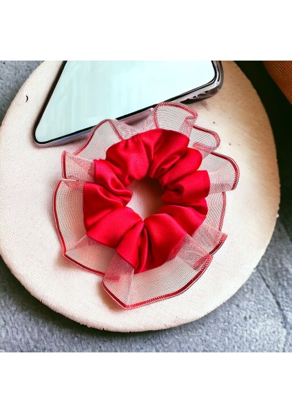 Kadın Kırmızı Kenarları Tül Scrunchie Büyük Boy Simit Toka