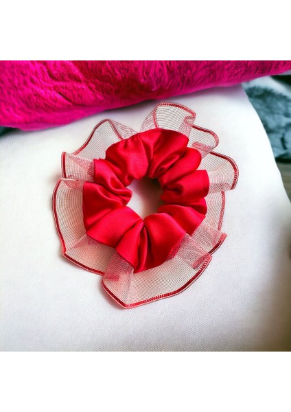 Kadın Kırmızı Kenarları Tül Scrunchie Büyük Boy Simit Toka modelleri
