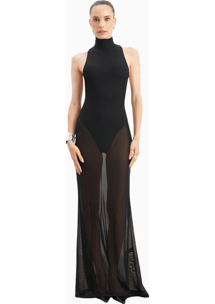 Sheer High Neck Racerback Gown Maxi Kadın Elbise