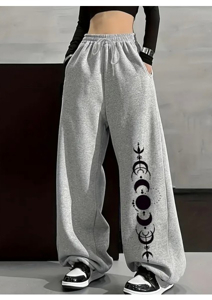 Büyük Beden Özel Tasarım Ultra Salaş Ayın Evreleri Tattoo Baskılı Kışlık Hip Hop Kadın Eşofman Altı