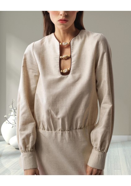 xint Kadın Naturel Regular Fit Uzun Kol Keten Mini Elbise fiyatları