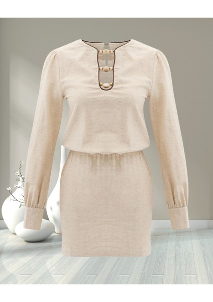 xint Kadın Naturel Regular Fit Uzun Kol Keten Mini Elbise indirimleri