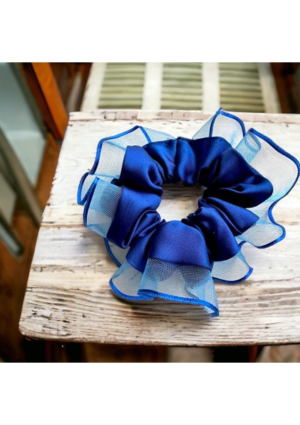 Kadın Mavi Kenarları Tül Scrunchie Büyük Boy Simit Toka fiyatları