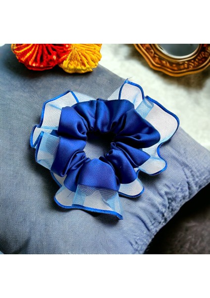 Kadın Mavi Kenarları Tül Scrunchie Büyük Boy Simit Toka modelleri