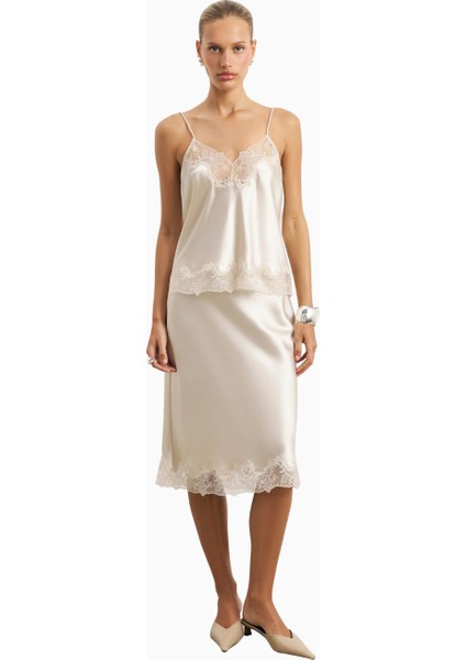 Satin Lace Detail Midi 90's Stil Flared Kadın Etek