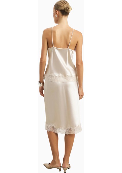 Satin Lace Detail Midi 90's Stil Flared Kadın Etek