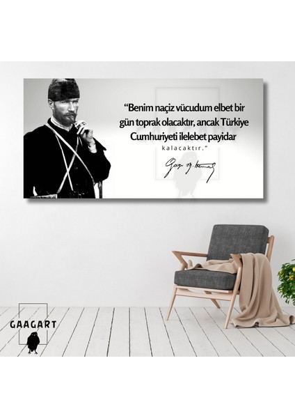 Panoramik Kanvas Makam Panosu Siyah Beyaz Atatürk Benim Naçiz Vücudum Elbet Bir Gün Toprak Olacaktır.