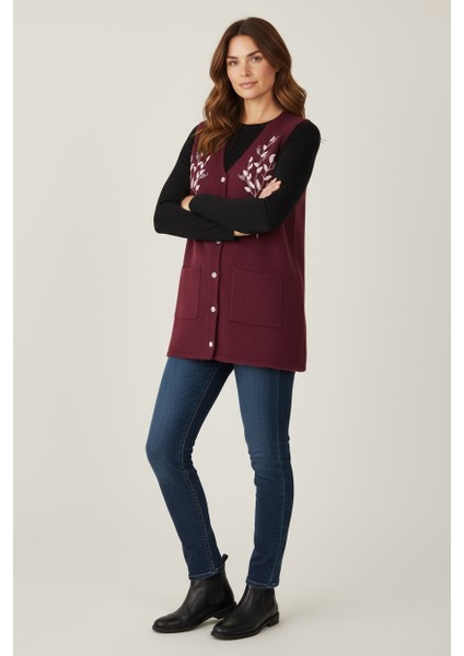 Kadın Önü Düğmeli Cepli Işlemeli Angora Yelek modelleri