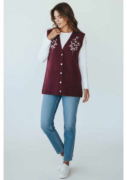Kadın Önü Düğmeli Cepli Işlemeli Angora Yelek fırsatları