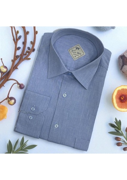 Klasik %100 Cotton Uzun Kollu Terletmeyen Kışlık Flanel Kumaş Indigo Mavi Gömlek (Regular Kalıp)