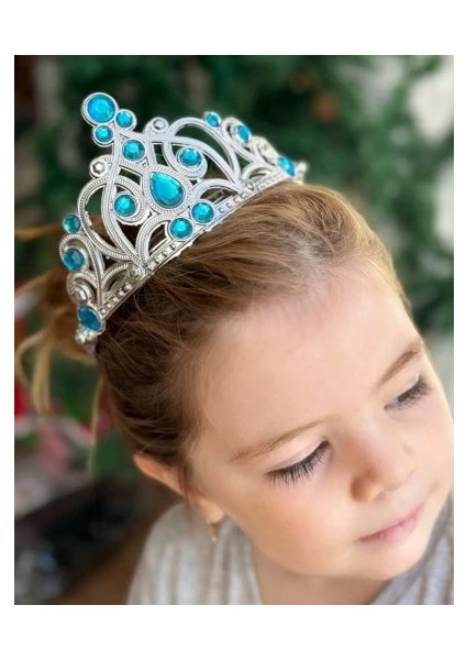 Mavi Taşlı Elsa Çocuk Tacı Prenses Tacı Kraliçe Tacı 16X14 cm fırsatları