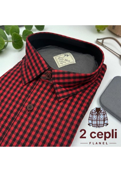 Iki Cepli Kapaklı Klasik %100 Cotton Uzun Kollu Terletmeyen Kışlık Flanel Kumaş Kırmızı Gömlek (Regular Kalıp)