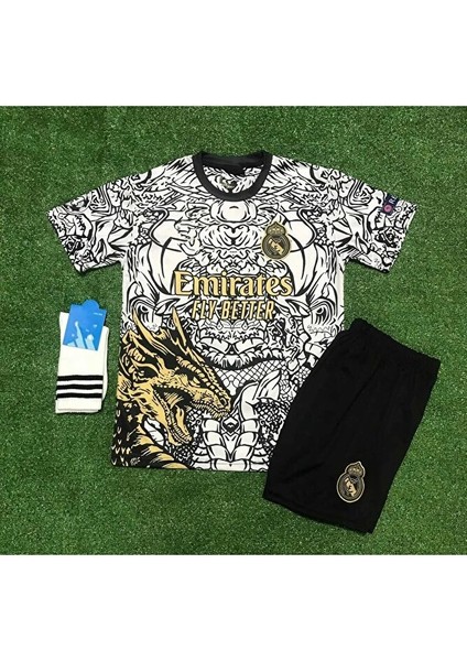 R.madridd 2023-24 Sezon Dragon Desenli Cristiano Ronaldo Çocuk Forması 3'lü Set (Black-White) fırsatları