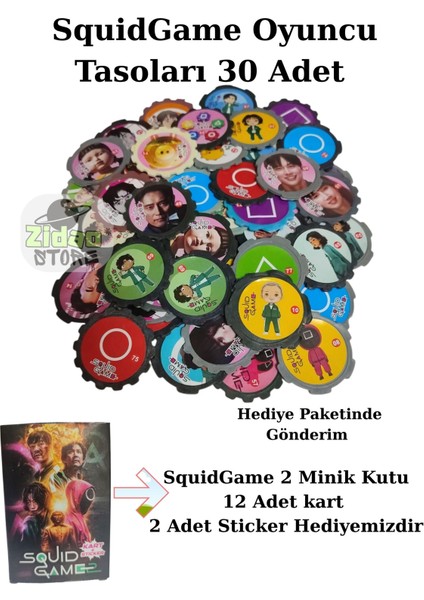 Squid Game Oyuncu Tasoları 30 Adet + 2 Minik Kutu 12 Kart 2 Sticker Hediye Paketinde Gönderim