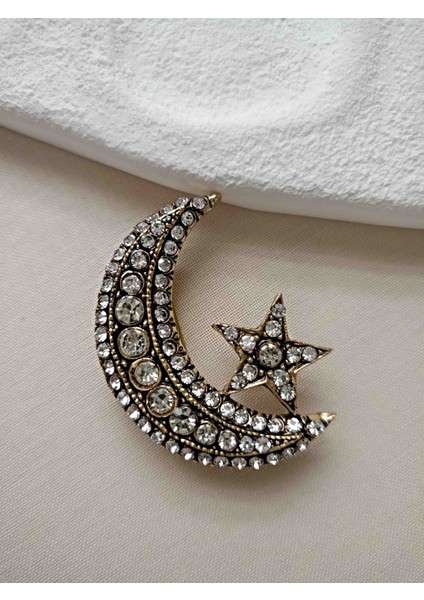 Özel Ser Altın Rengi Zirkon Taşlı Ay Yıldız Broş fiyatları
