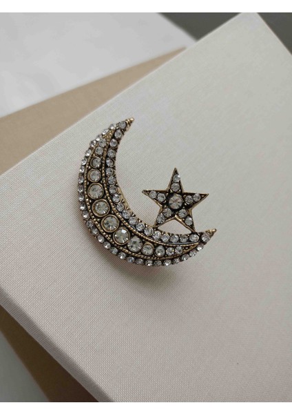 Özel Ser Altın Rengi Zirkon Taşlı Ay Yıldız Broş modelleri