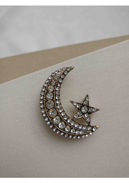 Özel Ser Altın Rengi Zirkon Taşlı Ay Yıldız Broş fırsatları