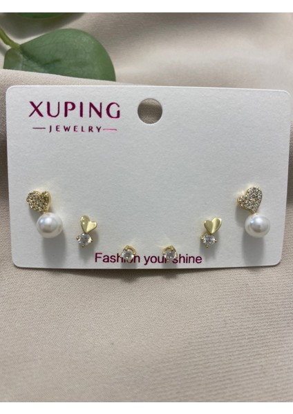 Xuping 14K Altın Kaplama Hediyelik Suya Dayanıklı Altılı Çoklu Kadın Küpe Gold Inci Detaylı Küpe Şık ve Modern Taşlı Zarif Küpe Parlak Görünüm Minimal Gold Küpe Günlük ve Özel Gün Kullanım Için Ideal