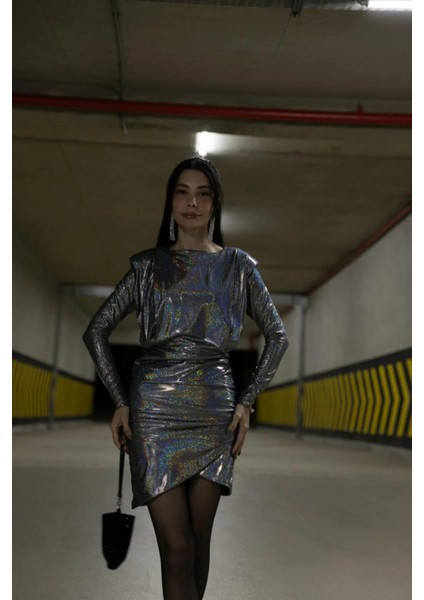 Gri Parıltılı Vatkalı Elbise ABGYM0809