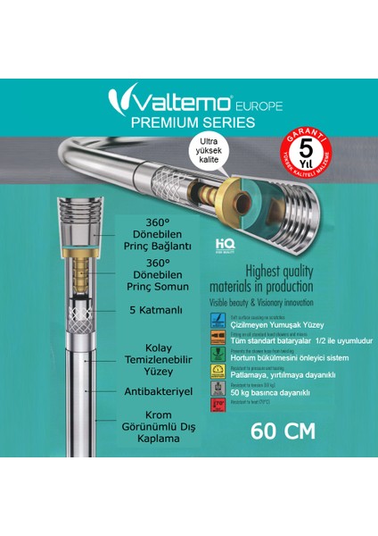 | Valtemo 60 cm Gold - Sarı Neoflex Pvc Kısa Duş Hortumu – Batarya & Yönlendirici Arası Bağlantı fırsatları
