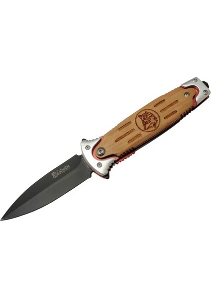 Columbia Fs 11033 Kahverengi Kurtarma / Kamp Çakısı 20CM - Yarı Otomatik, Kurt Işlemeli Ahşap Sap, Kemerlikli