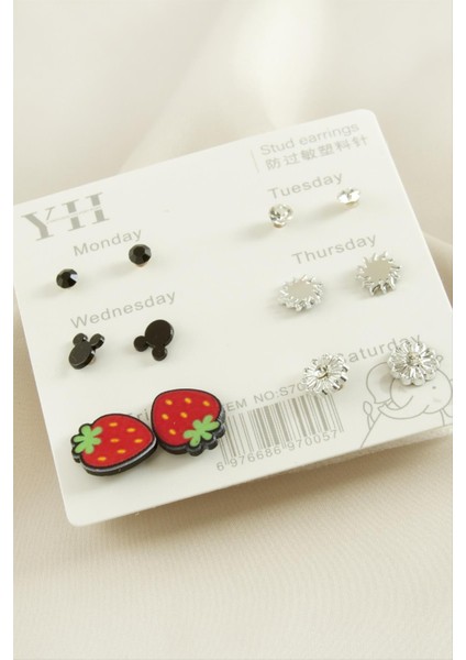 Techmrt 12 Adet Çilek Metal Taşlı Küpe-Gümüş Rengi