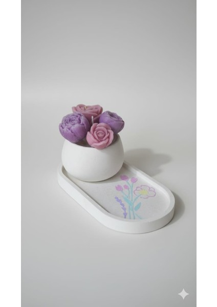 El Yapımı Çiçek Buketi Mum & Dekoratif El Boyaması Tabak Seti