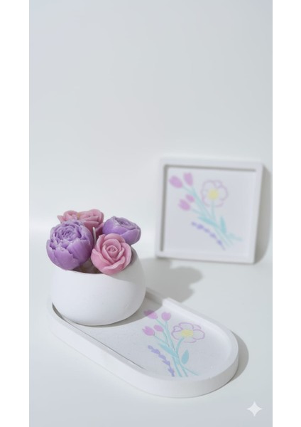 El Yapımı Çiçek Buketi Mum & Dekoratif El Boyaması Tabak Seti fiyatları