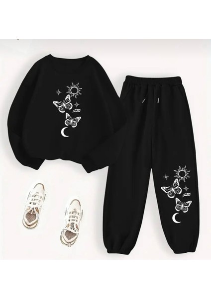Özel Tasarım Ay Güneş Kelebekler Baskılı %100 Pamuk Kışlık Yuvarlak Yaka Kız Çocuk Eşofman Takımı