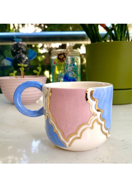 El Yapımı Seramik Gerçek 24K Altın Dekorlu Kupa