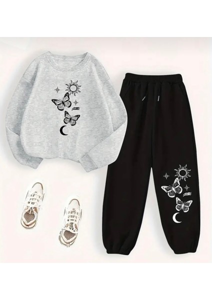 Özel Tasarım Ay Güneş Kelebekler Baskılı %100 Pamuk Kışlık Yuvarlak Yaka Kız Çocuk Eşofman Takımı