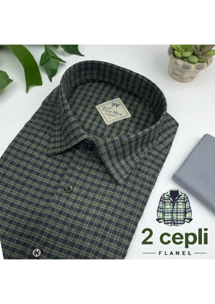 Iki Cepli Kapaklı Klasik %100 Cotton Uzun Kollu Terletmeyen Kışlık Flanel Kumaş Haki Gömlek (Regular Kalıp)