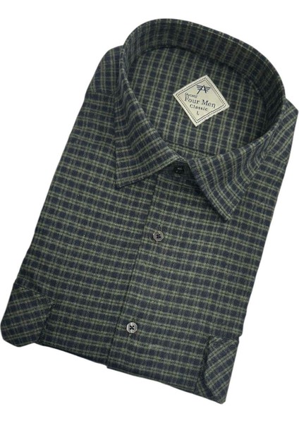 Iki Cepli Kapaklı Klasik %100 Cotton Uzun Kollu Terletmeyen Kışlık Flanel Kumaş Haki Gömlek (Regular Kalıp) fiyatları