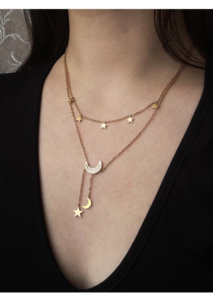 Zarif Ay ve Minik Yıldızlar Sallantılı Kolye