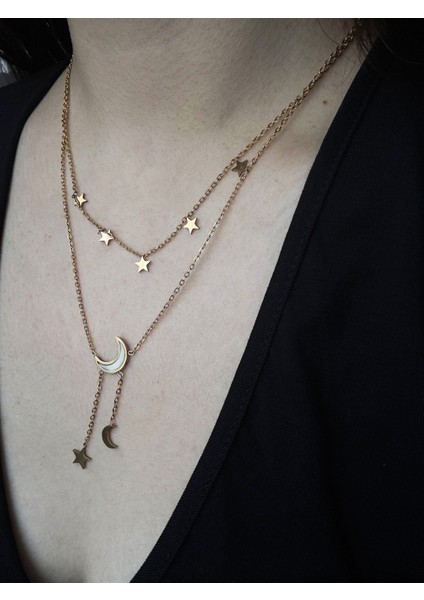 Zarif Ay ve Minik Yıldızlar Sallantılı Kolye