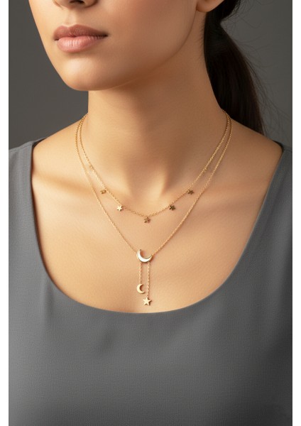 Zarif Ay ve Minik Yıldızlar Sallantılı Kolye