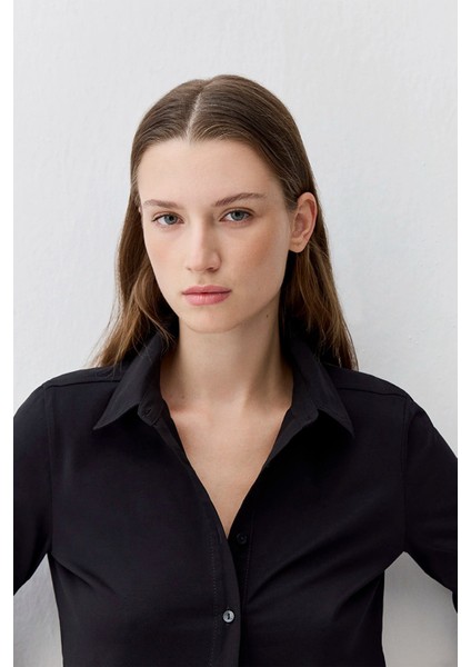 Kadın Siyah Uzun Kollu Polo Tişört 1613650-900