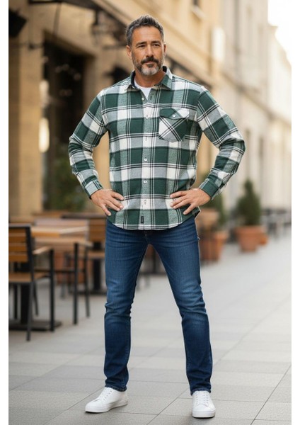 Kışlık Pamuklu Yeşil Uzun Kollu Cepli Erkek Oduncu Gömlek (Slim Fit)
