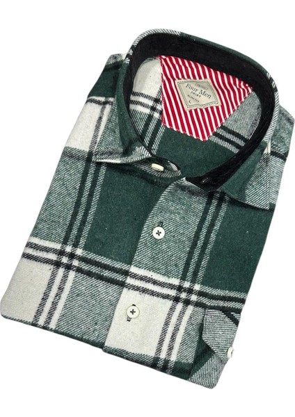 Kışlık Pamuklu Yeşil Uzun Kollu Cepli Erkek Oduncu Gömlek (Slim Fit) modelleri