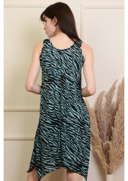KADIN MINT SİYAH HALKALI ZEBRA DESENLİ SALAŞ BÜYÜK BEDEN ELBİSE PMEL25507