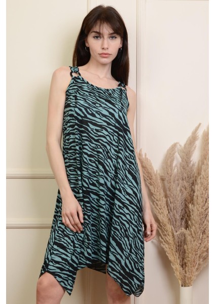 KADIN MINT SİYAH HALKALI ZEBRA DESENLİ SALAŞ BÜYÜK BEDEN ELBİSE PMEL25507