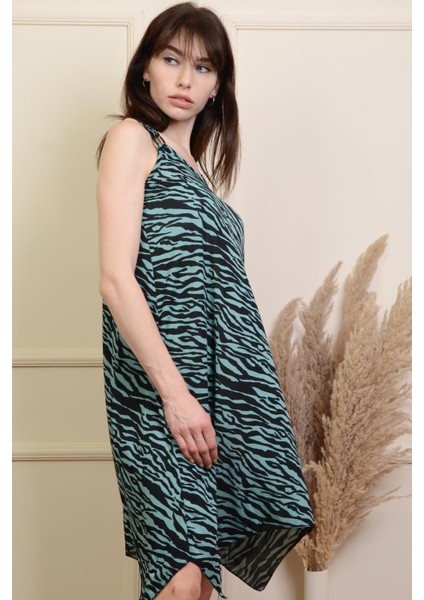 KADIN MINT SİYAH HALKALI ZEBRA DESENLİ SALAŞ BÜYÜK BEDEN ELBİSE PMEL25507 fiyatları