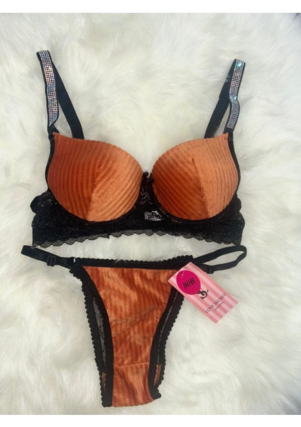 Kiremit Kadife Destekli Kadın Sütyen ve Tanga Takımı