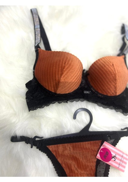 Kiremit Kadife Destekli Kadın Sütyen ve Tanga Takımı modelleri