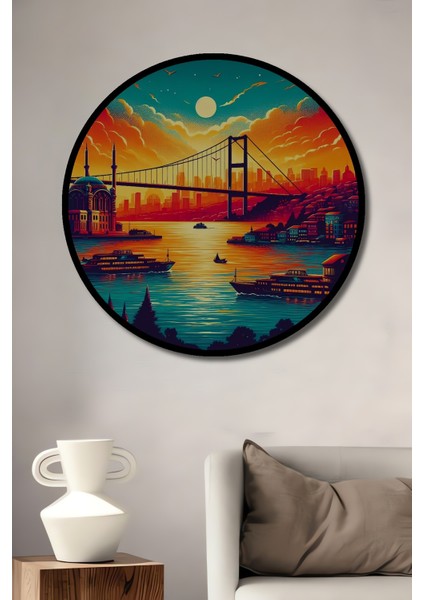 Çerçeve Görünümlü Istanbul Boğazı Gün Batımı Ahşap Mdf Dekoratif Tablo Yuvarlak Tablo