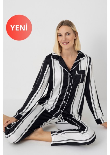 Kadın Uzun Kollu Kışlık Saten Pijama Takımı – Siyah Beyaz Çizgili, Gömlek Yaka, Biyeli